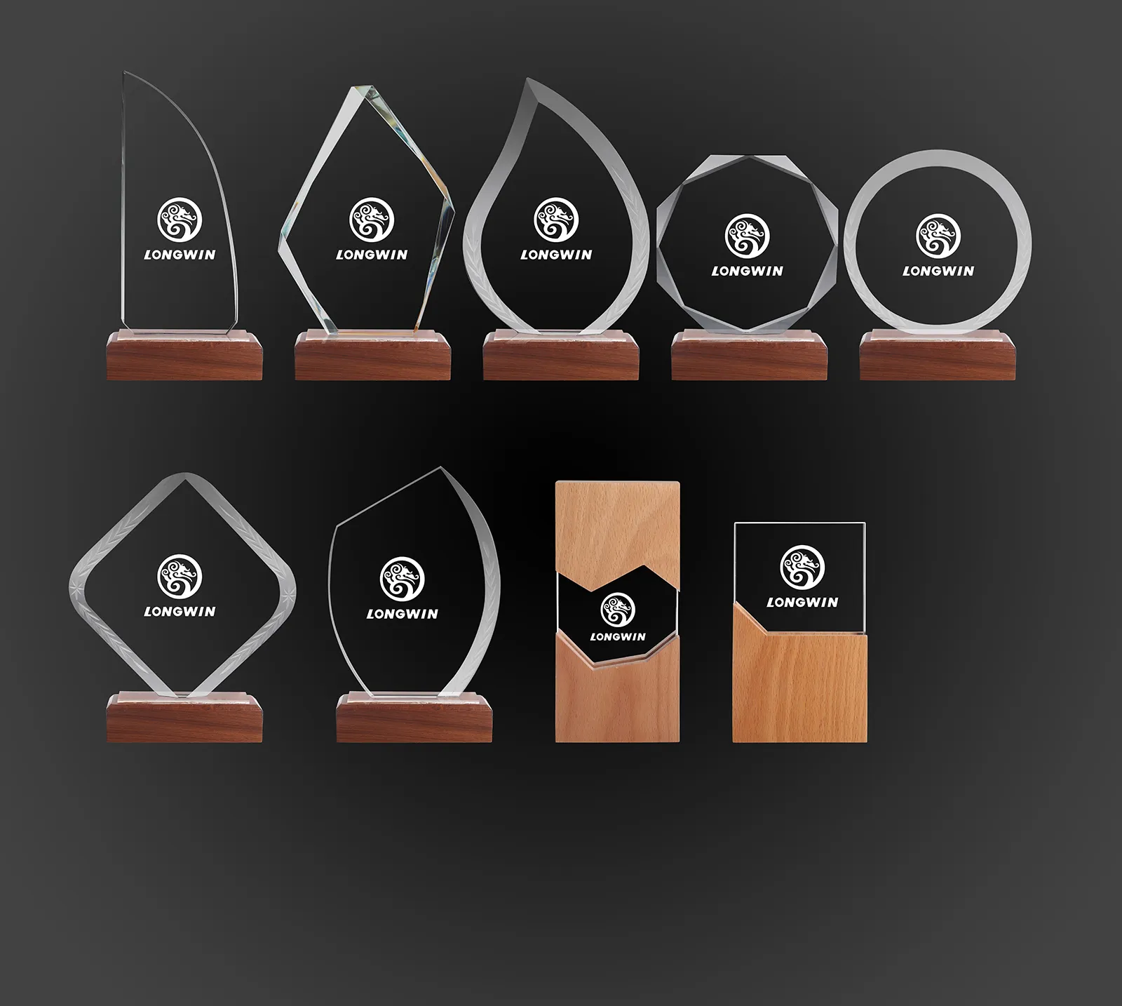 Neues Design Hochwertige kunden spezifische Laser gravur Holz basis Glas Crystal Trophy Award