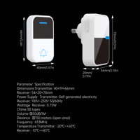 Sonnette sans fil cinétique RF433 SIXWGH sans batterie, bouton poussoir en acrylique, récepteur prise AU, 38 mélodies, 4 niveaux de volume pour maison et appartement