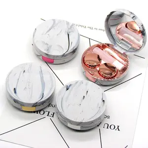 Round Fashion Marble Contact Lens Case, Portable Contact Lens Box Kit with Mirror
