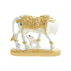 Decorative White Metal Cow with Calf and Om Symbol-Handmade Religious Showpiece for <b>Mandir</b> - Product Image 3