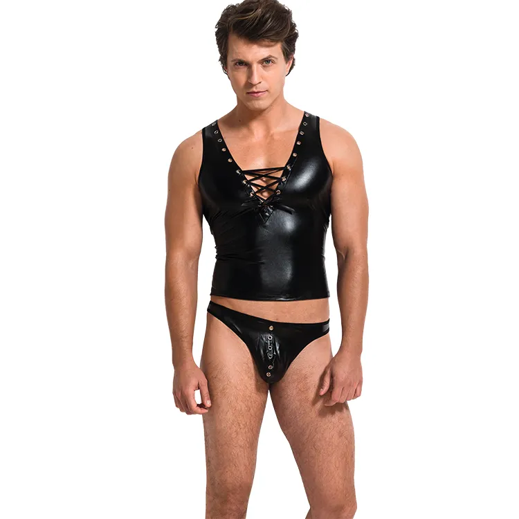 Nieuw Binnen Zwart Erotisch Kostuum Outfit Mannen Sexy Lederen Lingerie Plus Size Latex Kleding Fetish Lingerie Sexy Hete Mannen