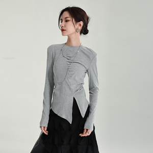 <span class=keywords><strong>Camiseta</strong></span> de manga larga con diseño Irregular para <span class=keywords><strong>mujer</strong></span>, <span class=keywords><strong>camiseta</strong></span> de manga larga con almohadilla para el hombro, Top de moda 3605 - Product Image 2
