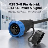 Connecteur hybride étanche M25 3+8 broches 30A+5A 300V+60V IP67 à verrouillage par poussée pour plaqué cuivre/argent, fiche mâle/femelle pour solaire