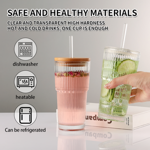 Offre Spéciale de haute qualité réutilisable 20oz/600m <span class=keywords><strong>LGlass</strong></span> Drink Cup Set Coffee Beverage Striped Glass Tumbler Set avec couvercle en bois Straw - Product Image 4