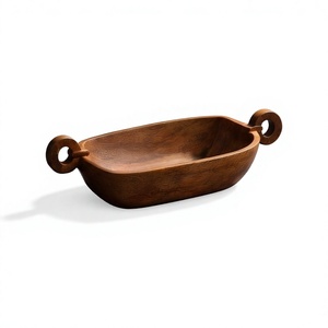 Plat de service en bois de manguier avec poignées rondes, finition noyer, vente en gros - Product Image 1