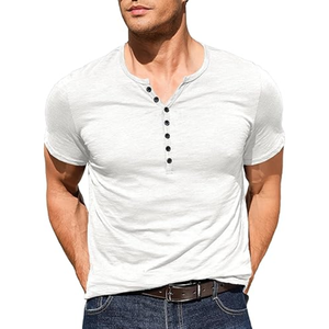 Men's <b>White</b> Short Sleeve Henley <b>T</b>-<b>Shirt</b> Slim Fit <b>V</b>-<b>Neck</b> Cotton Jersey Casual Solid Color Top - Product Image 2
