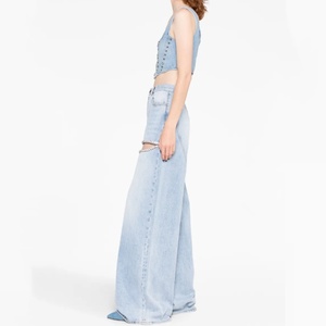 Nouveau design 2025 – Jean baggy personnalisé avec logo, taille haute, strass, coupe droite, jambe large, pantalon bleu avec surpiqûres - Product Image 4