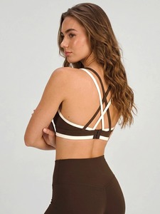 Soutien-gorge de sport marron à bretelles avec bordure blanche, dos croisé, anti-transpiration, compression, maintien, fitness, hautement extensible - Product Image 4