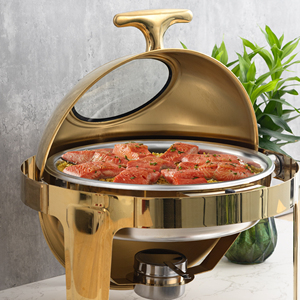 Lujoso plato de frotamiento con tapa de rollo dorado, juego de buffet redondo con tapa de vidrio, calentador de alimentos elegante, decoración dorada, equipo de catering - Product Image 2