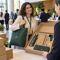 Kits Cadeaux de Conférence Personnalisés Écoresponsables avec Sac Fourre-tout RPET, Carnet en Liège, Stylo, Bouteille, Badge, Lanière, Pochette en Feutre – Fournisseur d'Entreprises