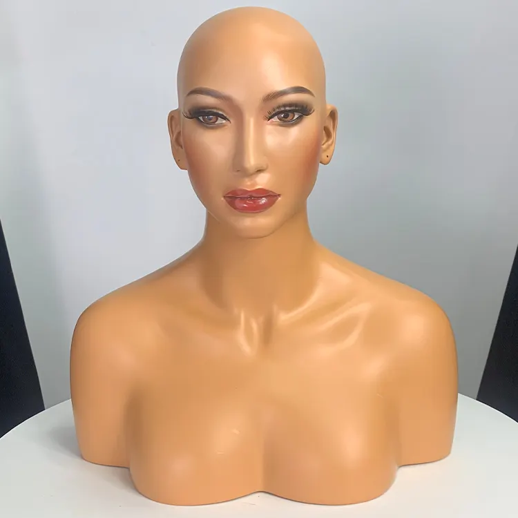 JOJO-U Mooie Make-Up Realistische Vrouwelijke Mannequin Hoofd Echt Haar Pruik Display Stand Mannequin