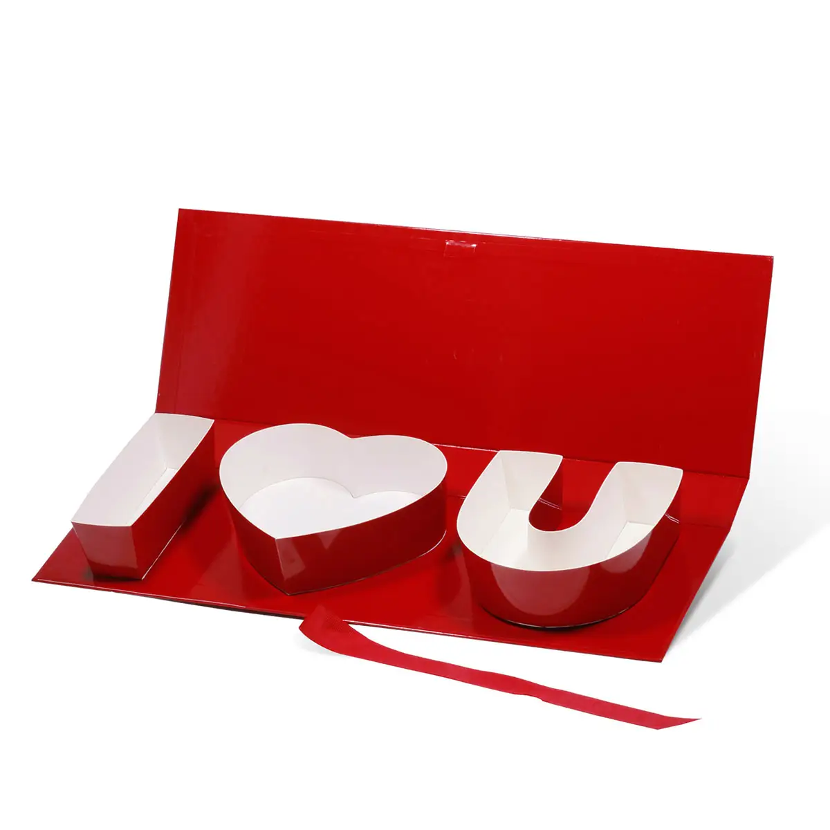Kemasan hadiah Hari Valentine merah kreatif, kotak hadiah berbentuk huruf cinta hati dengan pita