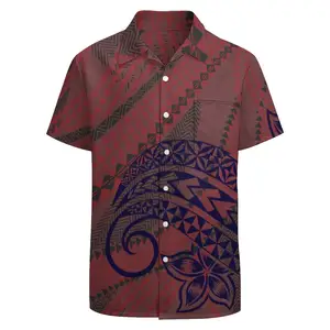 Son tasarım polinezya Samoan bordo baskı erkekler resmi gömlek özel hawaii plaj kısa kollu gömlek