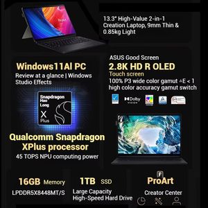 แล็ปท็อป ProArt X โปรเซสเซอร์ Snapdragon คอมพิวเตอร์หน้าจอสัมผัส <span class=keywords><strong>OLED</strong></span> 2.8K ขนาด <span class=keywords><strong>13.3</strong></span> นิ้ว แล็ปท็อป AI แบบ 2-in-1 ที่บางและน้ำหนักเบา - Product Image 3