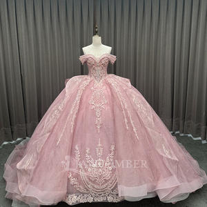 Robe de bal en organza rose, style princesse, avec appliques en dentelle et perles, à volants, décolleté cœur, longueur ras du sol, pour Quinceañera, soirée formelle ou vintage - Product Image 6