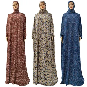 斋月穆斯林一体式祈祷头巾连衣裙服装女性印花吉尔巴布连帽阿巴亚伊斯兰迪拜封面尼卡布适度长袍