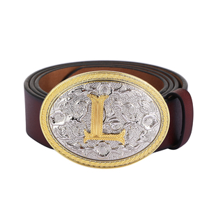 Ceinture en cuir Western bicolore pour homme avec initiale L, boucle ovale gravée à motif floral, sangle en PU marron, style Cowboy Rodeo - Product Image 1