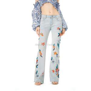 Pantalones Vaqueros de Mujer de Cintura Alta con Bordado Floral, Pantalones Anchos con Bordado Floral, Transpirables, de Marca - Product Image 1