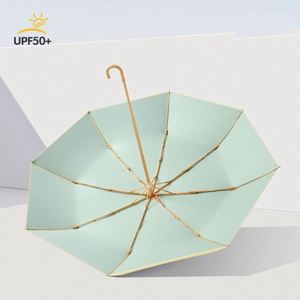 Parapluie pliant triple à ouverture manuelle, petit, avec crochet doré, cadre doré, résistant aux intempéries, double usage (pluie ou soleil) - Product Image 3