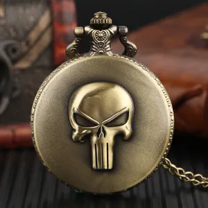 3D Métal Punisher Crâne Emblème Collier Chaîne Horloge Pendentif Bronze Analogique Steampunk Quartz Montre De Poche Pour Hommes