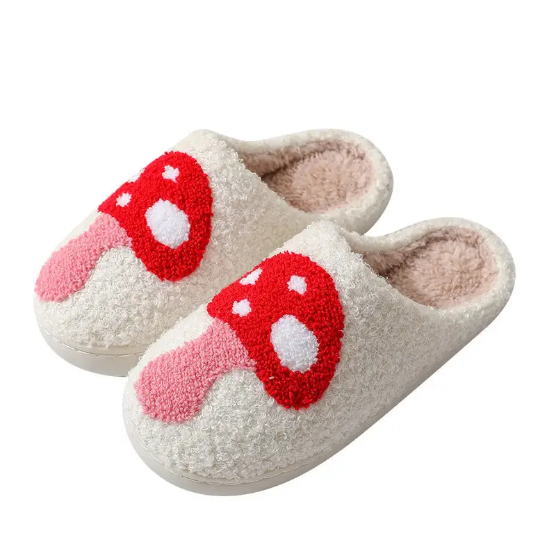 Pantofole di cotone con cuore di pesca e funghi di nuova vendita calda per l'inverno pantofole calde in peluche arcobaleno da casa da donna