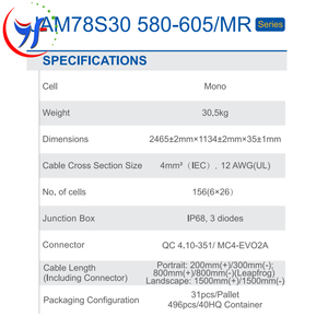 Module solaire monocristallin JA Solar <span class=keywords><strong>JAM78S30</strong></span> 580-605/MR 580W 585W 590W 595W 600W Deep Blue 3 Ja Panel Solar Mono 605W MBB à demi-cellules - Product Image 5