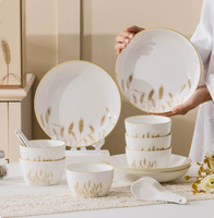 Coffret Cadeau Vaisselle en Céramique Motif Blé Porcelaine Fine Bord Doré pour Mariage et Nouveaux Acommodés