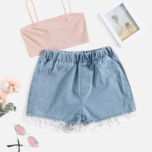 <span class=keywords><strong>Pantaloncini</strong></span> in <span class=keywords><strong>Jeans</strong></span> Estivi Personalizzati per Bambine con Vita Elastica, Shorts in Denim per Ragazze 3-10 Anni, Produzione all'Ingrosso <span class=keywords><strong>di</strong></span> Abbigliamento per Bambini - Product Image 1