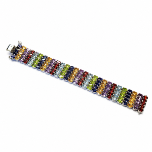 925 Sterling Silver Rhodium Multi <b>Gemstone</b> Wide <b>Bracelet</b> with Amethyst Blue Topaz Peridot Iolite Citrine and Garnet - Product Image 4