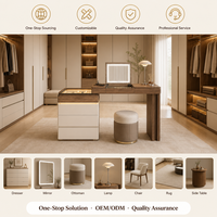 Coiffeuse moderne crème multi-niveaux avec armoire à bijoux, miroir LED, plateau en verre trempé et 6 tiroirs de rangement