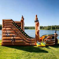 Toboggan Gonflable Double Voie à Texture Bois, Château Gonflable PVC avec Drapeau Tête de Mort et Voile pour Usage Commercial