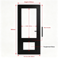 Porte française en acier noir sur mesure K-draw avec porte pour animaux de compagnie, profil fin, porte intérieure en verre pour villa