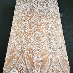 Fabrik preis Nigeria weiß, glänzend Hand schweres Perlen material 3d Stickerei Spitze Pailletten Tüll Mesh Stoffe für Hochzeits kleid/
