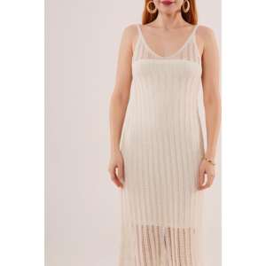 Vestido largo ecru con detalle de borlas caladas, tirantes finos, espalda descubierta, tejido translúcido, estilo casual. - Product Image 6