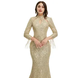 Plus Size Sexy Lace Embroidery Sequined Women's Mermaid Champagne Evening Prom Dresses