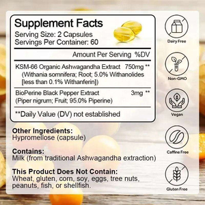 Compléments alimentaires bio purs à base d'extrait d'ashwagandha KSM-66 pour le soulagement du stress, extrait de racine d'ashwagandha, capsules d'ashwagandha KSM-66 - Product Image 2