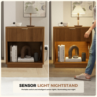 Nakas Kayu Modern Multi-Fungsi Ramah Lingkungan dengan Lampu LED Sensor, Port Pengisian Daya, Penyimpanan Terbuka, dan Desain Beralur untuk Perabot Kamar Tidur