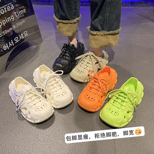 รองเท้าลุยน้ำ เชือกผูกรองเท้าถอดออกได้ ระบายอากาศได้ดี แบบโปร่ง สำหรับกีฬากลางแจ้ง รองเท้าชายหาด ส้นเตี้ย พื้นหนา สีพื้น - Product Image 2