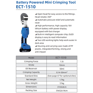 Herramienta de crimpado mini a batería ECT-1510 1.5t 0.14-50mm² Cabeza abierta 350 grados 1.7kg 18V OLED - Product Image 2
