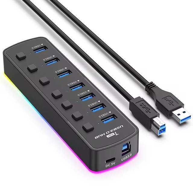 RGB 7 Port USB3.0 Hub with 1m USB3.0 Cable Multiple Port with Individual LED On/Off Switches USB Splitter for Laptop & PC