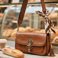 Sac bandoulière vintage en cuir PU marron gaufré croco pour femme avec foulard et pompon décoratif