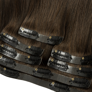 Extensions de cheveux à clips 100% cheveux humains vierges doublement étirés, lisses naturels, brun foncé - Product Image 3