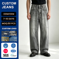 Jeans en denim pour hommes, patchwork personnalisé, rivets métalliques, délavé à l'acide, coupe large, taille haute, effet empilé, Fabricants d'origine