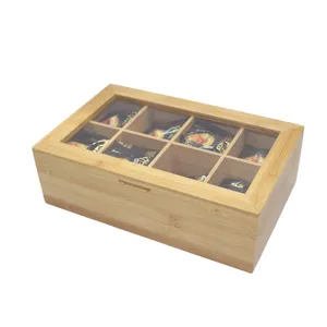 베스트 셀러 티 캐디 대나무 커피 백 주최자 뚜껑이있는 8 칸 상자 HD 아크릴 뚜껑 잡화 보관 상자