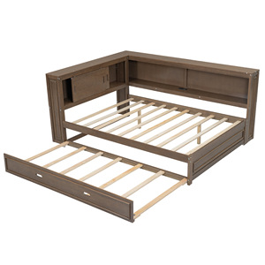Walnut Wood <b>Sofa</b> <b>Bed</b> L Shape With Led Light Storage Convertible Bedroom Furniture - Product Image 5