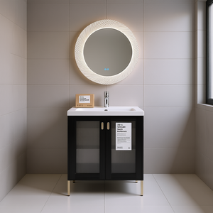 Meuble-lavabo de salle de bain 28 pouces en contreplaqué avec vasque en céramique, porte à fermeture douce, design moderne et minimaliste, miroir sur pied inclus - Product Image 2