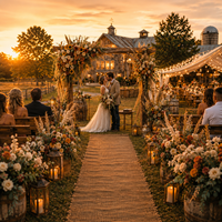 Ensemble complet de décoration de mariage en plein air sur une ferme |   Arche en bois pour cérémonie du coucher de soleil sur champ de maïs, avec balles de foin, bocaux Mason et éclairage Edison, vente en gros OEM
