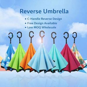 Modern Double Layer Inverted Reverse Folding <b>Windproof</b> Double Canopy Pongee <b>Umbrellas</b> Rubber J Shape Handle Manual Open 190T - Product Image 4