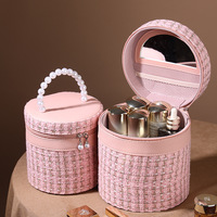Sac de maquillage cylindrique rond pour femme en tweed de luxe avec poignée en perles, grande capacité, miroir de voyage portable et garniture en cuir