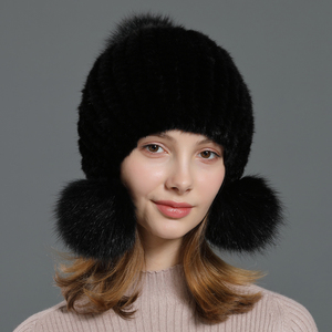 Phụ Nữ Mùa Đông Bất Chồn Lông Beanie Hat Với Sliver Fox Pompom Ấm Dệt Đan Lót Mũ Nữ Thời Trang Mùa Đông Hat - Product Image 3